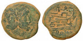 PAPIRIA. As .Roma (169-158 a.C.). A/ Jano bifronte. R/ Proa a der., encima TVRD; debajo, ROMA. CRAW-193/1. Pátina verde terrosa. BC-.