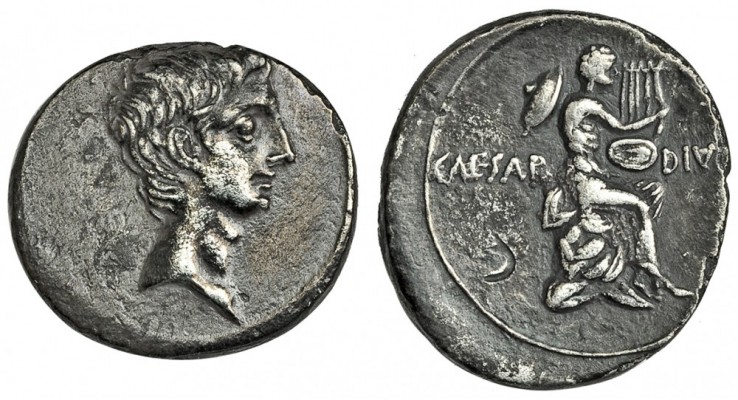 AUGUSTO. Denario. Ceca oriental (32-29 a.C.). A/ Cabeza desnuda a der. R/ Apolo ...