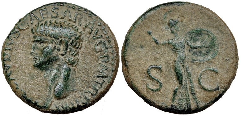 CLAUDIO I. As. Roma. (41-50). R/ Minerva a der. RIC-100. CH-84. Fuerte erosión e...