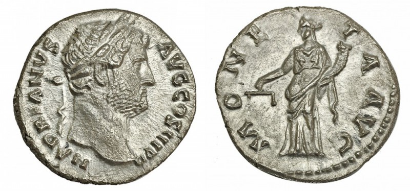 ADRIANO. Denario. Roma (134-138). A/ Cabeza laureada a der. R/ Moneta de pie a i...