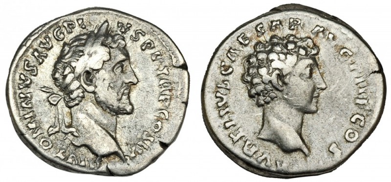 ANTONINO PÍO y MARCO AURELIO. Denario. Roma (140-144). A/ Cabeza laureada de Ant...