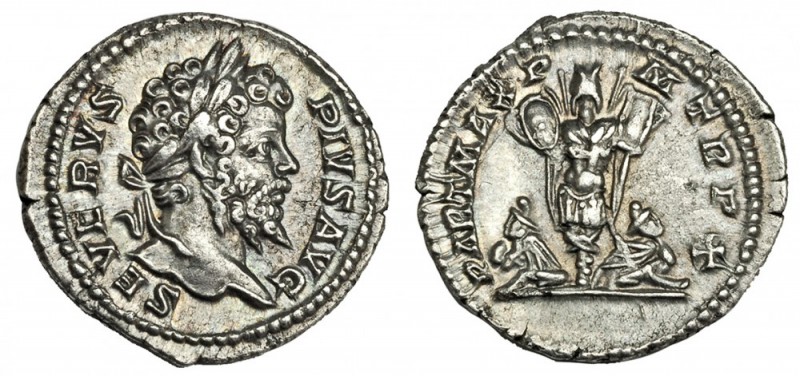 SEPTIMIO SEVERO. Denario. Roma (202). A/ Cabeza laureada a der. R/ Trofeo y dos ...