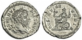 SEPTIMIO SEVERO. Denario. Roma (201). A/ Cabeza laureada a der. R/ Roma sentada sobre escudo, sosteniendo paladio y lanza. RIC-288. EBC.