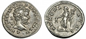 SEPTIMIO SEVERO. Denario. Laodicea (193-211). A/ Cabeza laureada a der. R/ Annona de pie a der., sosteniendo espigas y cornucopia. RIC-501. MBC+.