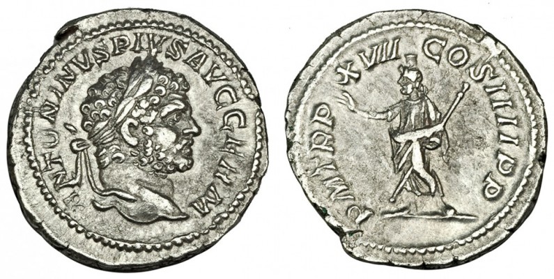 CARACALLA. Denario. Roma (214). A/ Cabeza laureada a der. R/ Serapis de pie a iz...