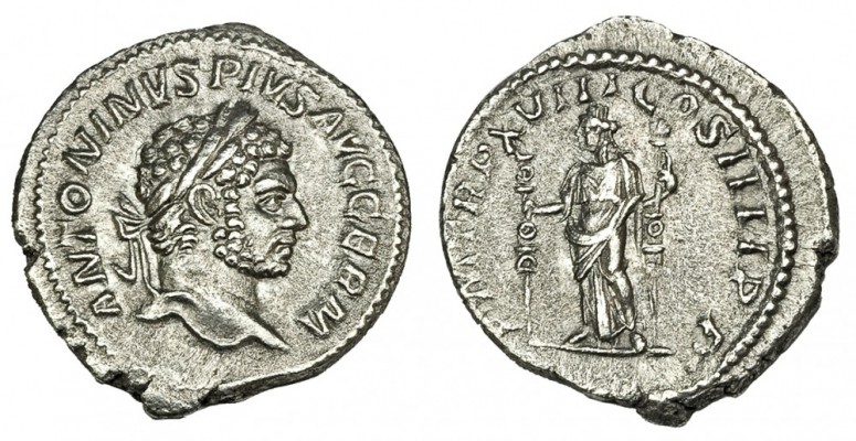 CARACALLA. Denario. Roma (215). A/ Cabeza laureada a der. R/La fidelidad del ejé...