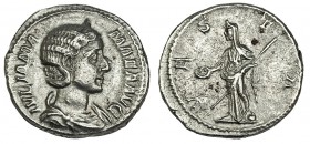 JULIA MAMEA. Denario. Roma (222-235). R/ Vesta de pie sosteniendo pátera y cetro. RIC-362. MBC.