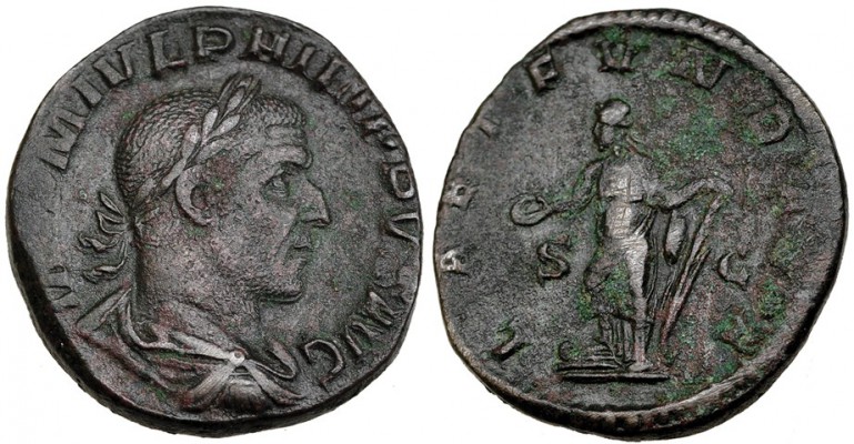 FILIPO I. Sestercio. Roma (244-249): R/ La Alegría a izq. RIC-176. CH-76. Leves ...