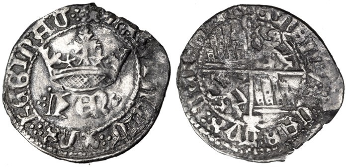 ENRIQUE IV. 1/2 Real. Cuenca. R/ ENRICVS CARTVS:DEI:GRA. III-724.2. Rotura al bo...