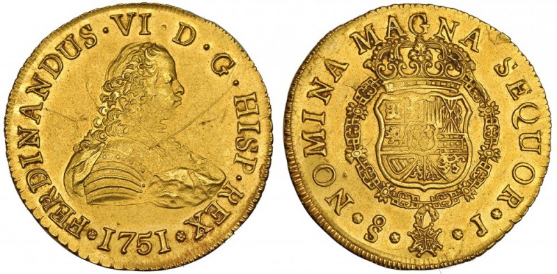 8 escudos. 1751. Santiago. J. VI-632. Finas rayas en anv. y hojita sin saltar en...