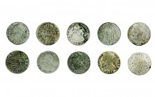 Lote de 10 piezas de 2 reales: Carlos III (5) y Carlos IV (5). Lima: 1773; Madrid: 1778 82), 1793 y 1795; Sevilla: 1761, 1788 y 1801 (3). De RC a BC+.