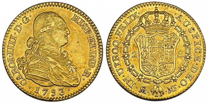 2 escudos. 1793. Madrid. MF. VI-1041. Fina rayita en anv. EBC-.