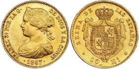 10 escudos. 1867. Madrid. VI-667. R.B.O. EBC+. Escasa.
