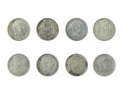 8 monedas de 50 centavos de peso. Manila. 1868; 1881 (2); 1882; 1883 (2) y 1885 (2). De MBC a EBC.