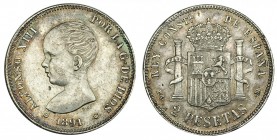 2 pesetas. 1891*18-91. PGM. VII-172.Fina raya en anv. EBC-/MBC+.