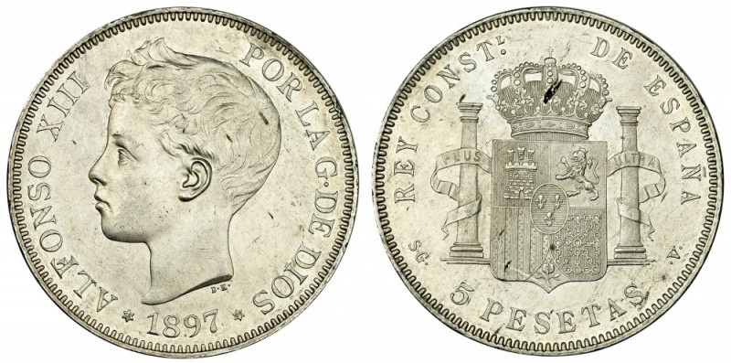 5 pesetas. 1897*18-97. Madrid. SGV. VII-189. Leve oxidación en rev. EBC+.