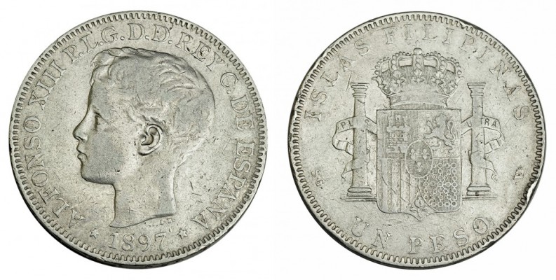 Peso. 1897. Manila. SGV. VII-192. Golpes en canto. MBC-.