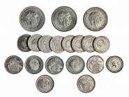 Lote 19 monedas de 5 Pesetas: 1957 (16) *58 (grabado con hoz y martillo), 59, 60, 61, 62, 63, 64, 65, 66, 67, 73 (con cospel tipo "final de riel") *72...