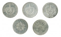 CUBA. 5 monedas de 1 peso. 1915, 1932, 1933, 1934 y 1953. MBC+/EBC-.