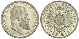ESTADOS ALEMANES. Wurttemberg. Wilhelm II. 5 marcos. 1906. F. KM-632. MBC+.