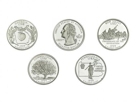 ESTADOS UNIDOS DE AMÉRICA. Serie de 5 monedas de 1/4 dólar. 1999-S. Conneticut, ...