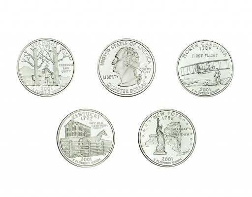 ESTADOS UNIDOS DE AMÉRICA.. Serie de 5 monedas de 1/4 dólar. 2001-S. New York, N...