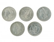 ESTADOS UNIDOS DE AMÉRICA. 5 monedas de 1 dólar Morgan; 1878-S, 1889, 1897, 1900 y 1900-O. MBC+/EBC.