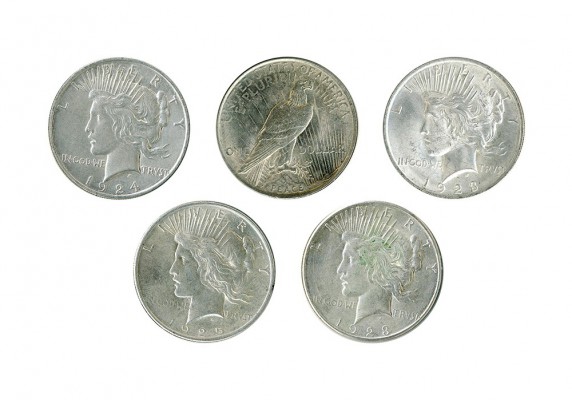 ESTADOS UNIDOS DE AMÉRICA. 5 monedas de 1 dólar Peace. 1922, 1923, 1923-S, 1924 ...