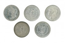 ESTADOS UNIDOS DE AMÉRICA. 5 monedas de 1 dólar Morgan; 1880, 1881, 1884, 1885-O y 1901-O. MBC+/EBC.