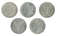 ESTADOS UNIDOS DE AMÉRICA. 5 monedas de 1 dólar Morgan; 1879, 1881-O, 1881-S, 1884-O y 1888-O. MBC+/EBC+.
