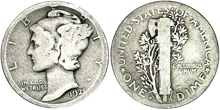 ESTADOS UNIDOS DE AMÉRICA. Dime. 1921. D. KM-140. BC+. Escasa.