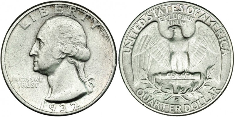 ESTADOS UNIDOS DE AMÉRICA. Cuarto de Dólar. 1932. D. KM-164. MBC+. Rara.