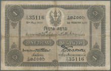 Thailand
1 Tical ND(1918-25) Government of Siam P. 14, stonger center and horizontal fold, small center hole, not washed or pressed, original colors....