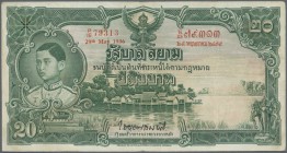 Thailand
20 Baht 1936 P. 29, 3 vertical and one horizontal fold, pressed, no holes or tears, still strong paper and nice colors, condition: F+.