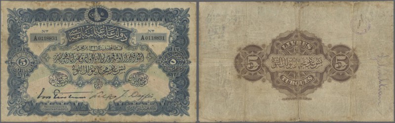 Turkey / Türkei
5 Livres 1909 P. 64a, used with 3 strong vertical and one horiz...