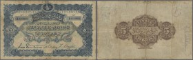 Turkey / Türkei
5 Livres 1909 P. 64a, used with 3 strong vertical and one horizontal fold, stained paper, border wear at upper border, staining at bo...
