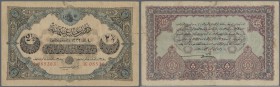 Turkey / Türkei
2 1/2 Livres 1917 P. 100, foldede several times, some border tears which are fixed with glue, still strongness left in paper and orig...