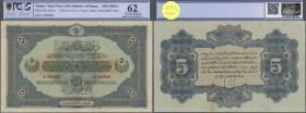 Turkey / Türkei
very rare Specimen note 5 Livres ND(1917) AH1333 P. 104s, arabic ”Specimen” perforation, State Notes of the Ministry of Finance Speci...