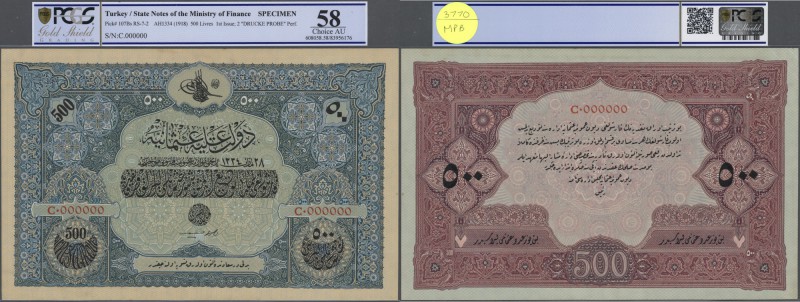 Turkey / Türkei
highly rare Specimen note 500 Livres ND(1918) AH1334 P. 107Bs, ...