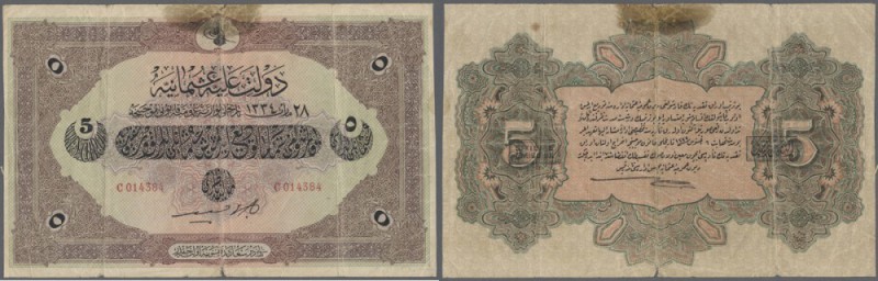Turkey / Türkei
5 Livres 1918 P. 109b, used with several folds, trimmed borders...