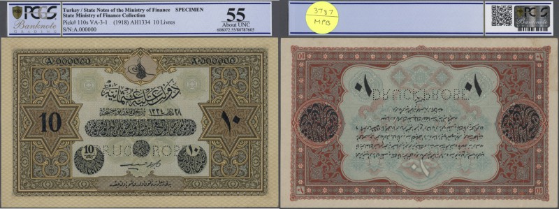 Turkey / Türkei
rare Specimen note 10 Livres ND(1918) AH1334 P. 110s, State Min...