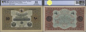 Turkey / Türkei
rare Specimen note 10 Livres ND(1918) AH1334 P. 110s, State Ministry of Finance, with perforation ”Druckprobe” and zero serial number...