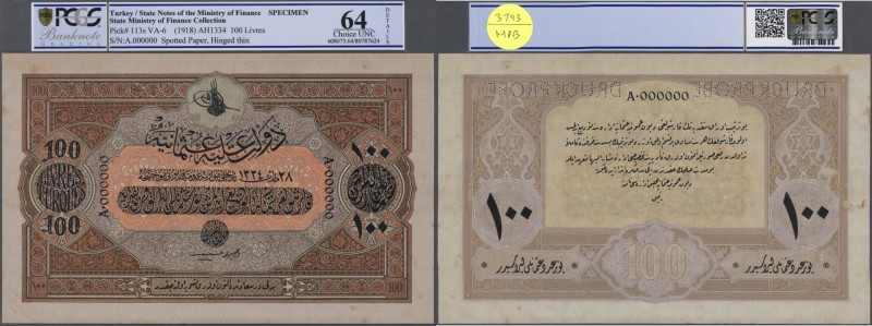 Turkey / Türkei
highly rare Specimen note 100 Livres ND(1918) AH1334 P. 113s, 2...