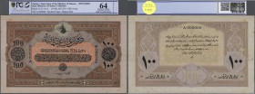 Turkey / Türkei
highly rare Specimen note 100 Livres ND(1918) AH1334 P. 113s, 2 times perforated ”Druckprobe”, spotted paper (stain dots in paper), h...