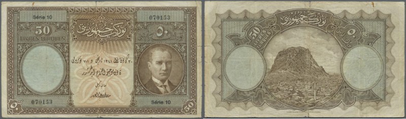 Turkey / Türkei
50 Livres ND(1927) P. 122a, strong center fold, 2 further verti...