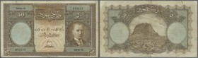 Turkey / Türkei
50 Livres ND(1927) P. 122a, strong center fold, 2 further vertical and one horizontal fold, one hole and a 5mm border tear at upper a...