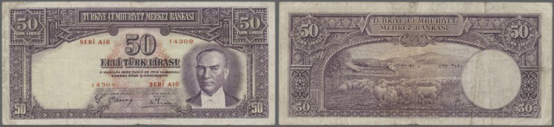 Turkey / Türkei
50 Lira ND(1938) P. 129, rare issue, used with folds and normal...