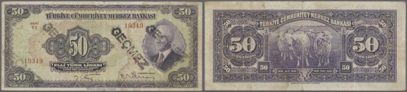 Turkey / Türkei
50 Lira ND(1942) P. 142a, 3 stronger vertical folds, stamped 3 ...