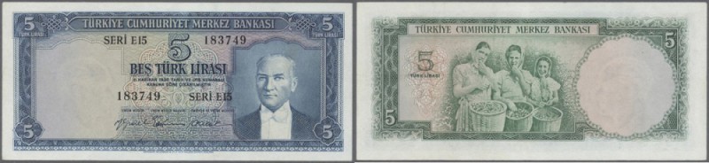 Turkey / Türkei
5 Lira ND(1959) P. 155a, 3 light vertical folds, no holes or te...