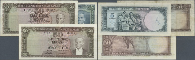 Turkey / Türkei
set of 3 notes containing 5 Lira ND(1965) P. 174a (F+), 50 Lira...